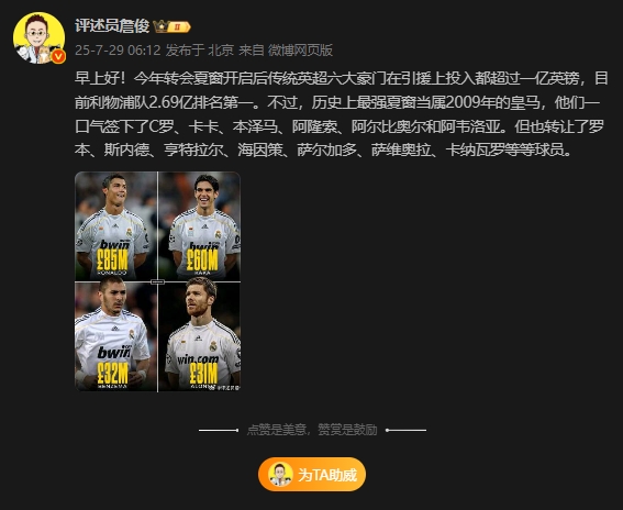 认同吗？詹俊：历史最强夏窗是2009年皇马，一口气签下C罗卡