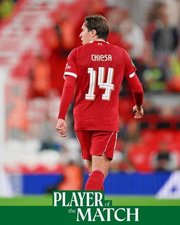 助攻双响！基耶萨当选联赛杯第三轮利物浦队内最佳球员