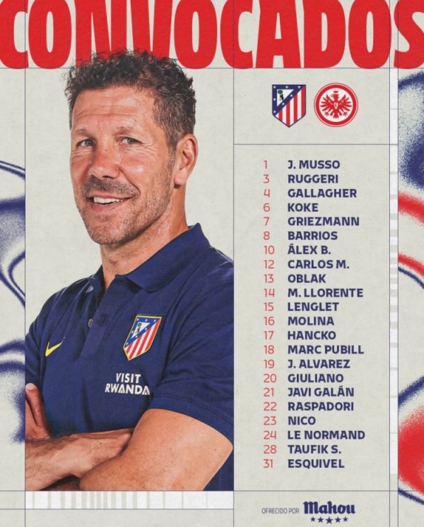 马竞公布对阵法兰克福名单：阿尔瓦雷斯领衔，索尔洛特因伤缺席