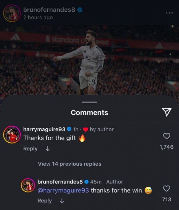 马奎尔社媒感谢B费助攻，B费：谢谢你为我们赢得胜利