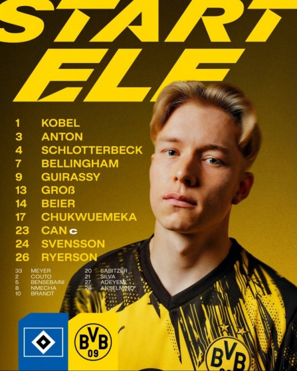 多特vs汉堡首发：埃姆雷-詹伤愈首次首发，小贝林厄姆出战